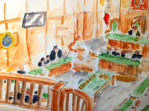 The courtroom in the trial against Yorgen Fenech by Anna Calleja